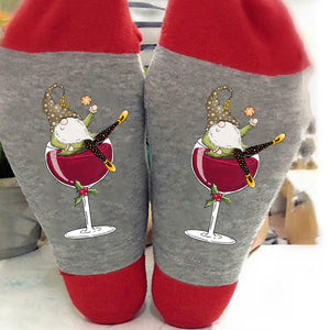 Christmas Gnome Wine Glass Unisex Crew Socks